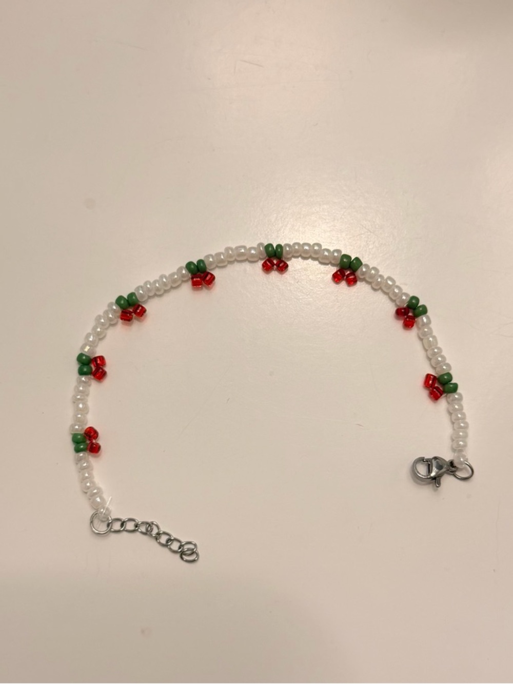 Homemade Pearl-Look Beaded Bracelet with Red and Green Accents Cherrys